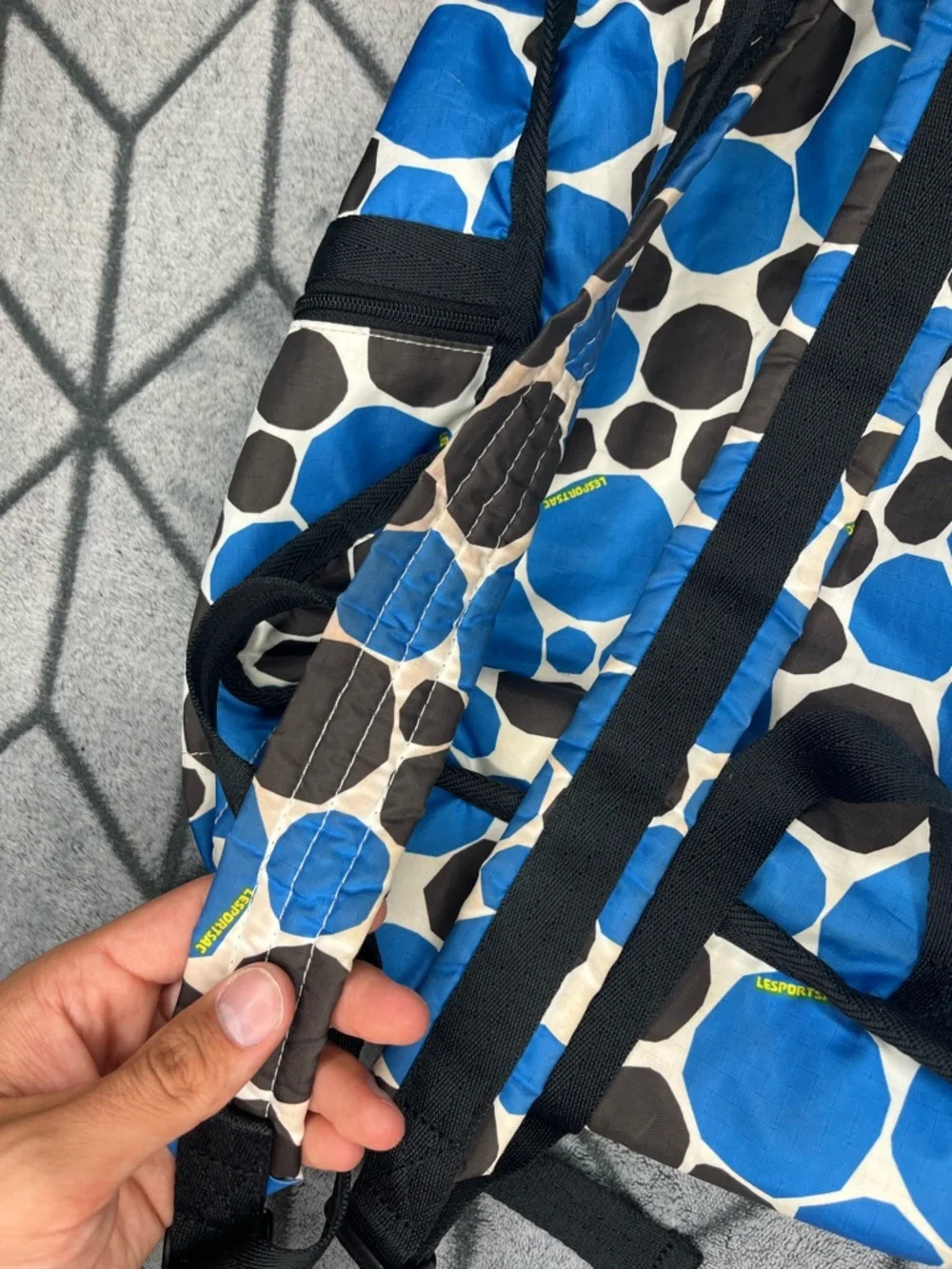 VTG Lesportsac Retired Blue Black Geometric Print Lightweight Travel Backpack